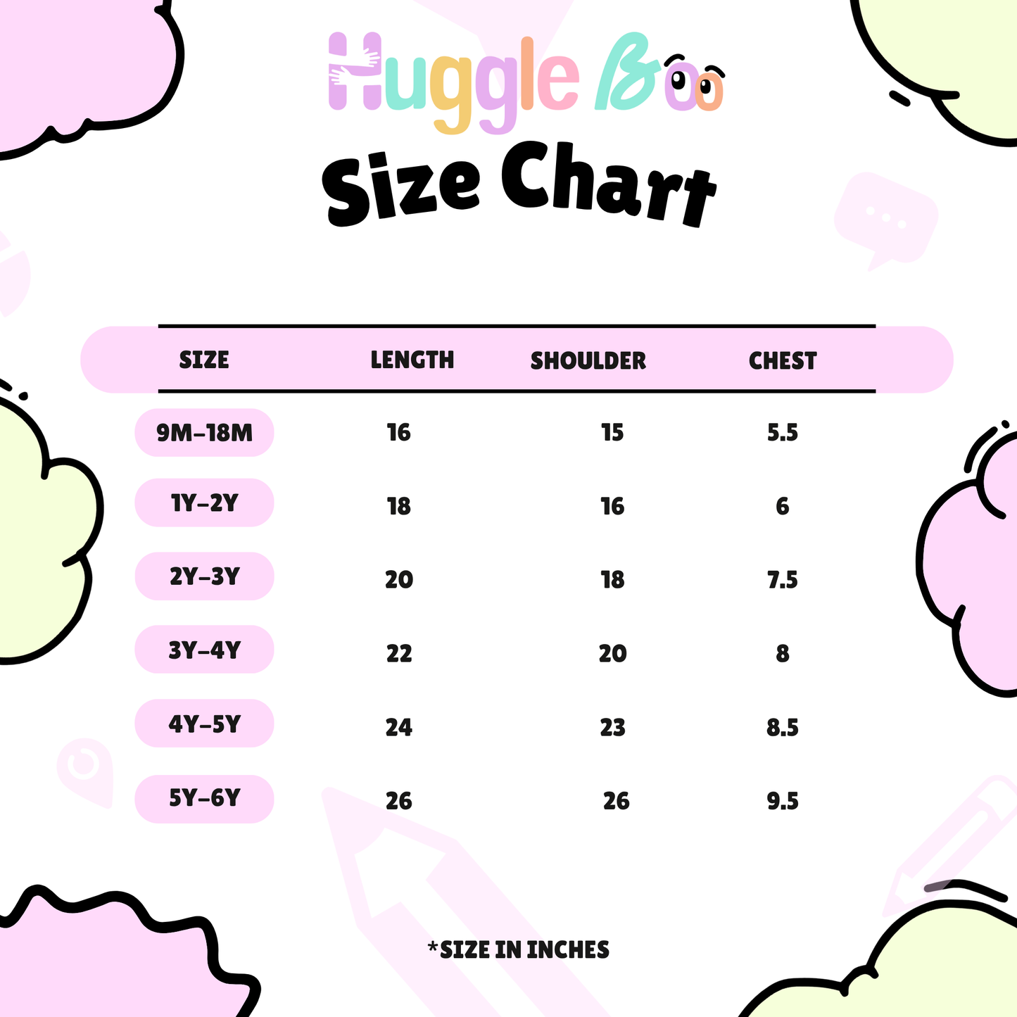 huggleboo kids size chart showing measurements in inches and centimeters for ages 1-5 years premium occasion wear