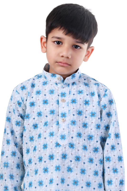 Azure Blue Printed Kurta Pajama Set for Boys Ethnic Wear