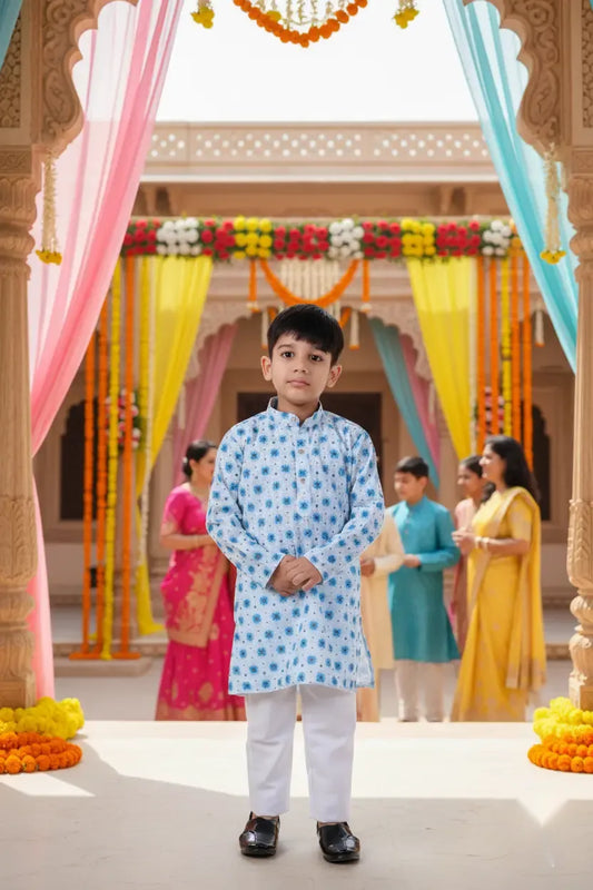 Azure Blue Printed Kurta Pajama Set for Boys Ethnic Wear