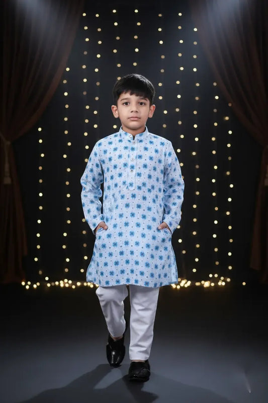 Azure Blue Printed Kurta Pajama Set for Boys Ethnic Wear