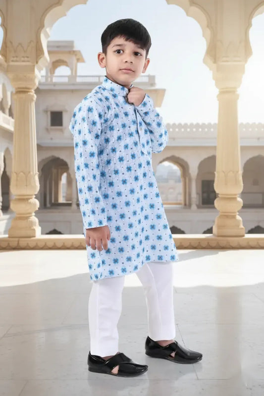 Azure Blue Printed Kurta Pajama Set for Boys Ethnic Wear