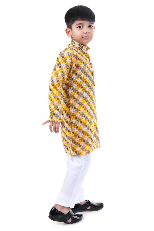 Golden Mustard Printed Kurta Pajama Set for Boys