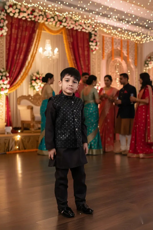 Royal Noir Black Kurta Koty Set for Boys Festive Wear