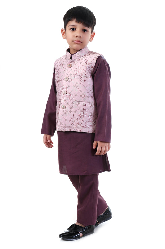 Blush Bloom Peach Printed Kurta Koty Set for Boys