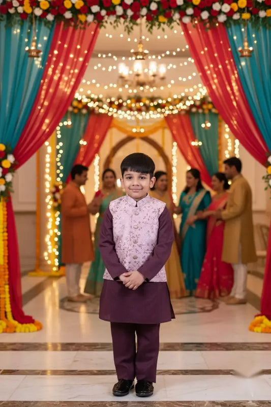 Blush Bloom Peach Printed Kurta Koty Set for Boys