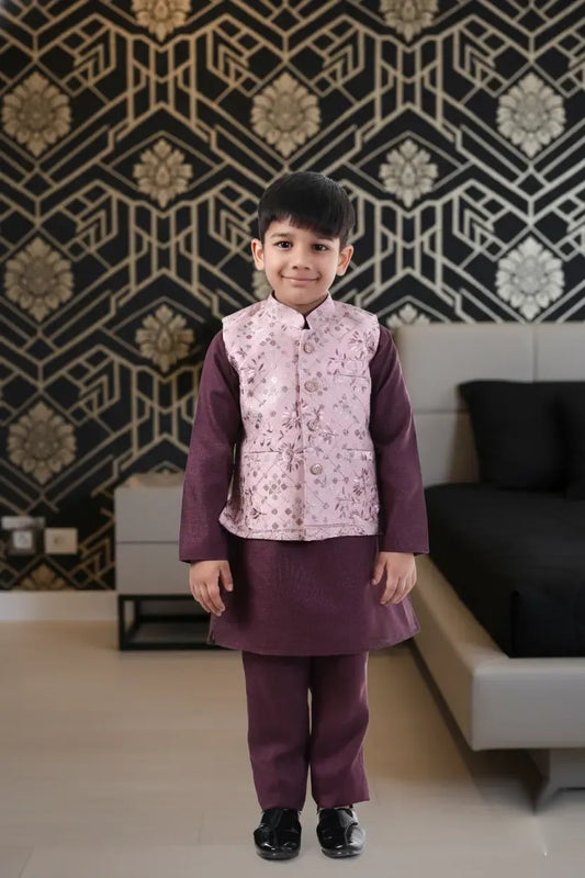Blush Bloom Peach Printed Kurta Koty Set for Boys