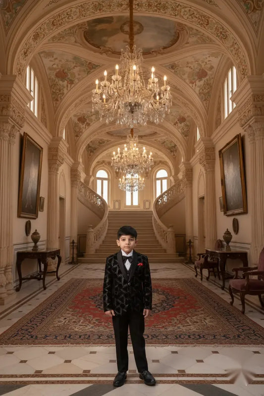 Luxe Black Velvet Embroidered Tuxedo Suit for Boys