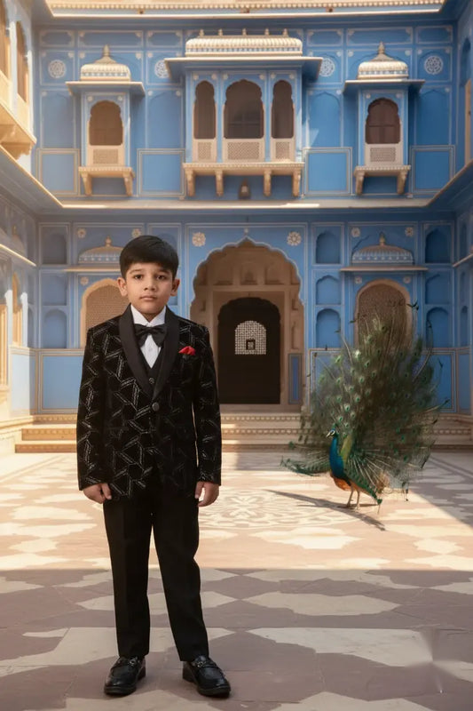 Luxe Black Velvet Embroidered Tuxedo Suit for Boys