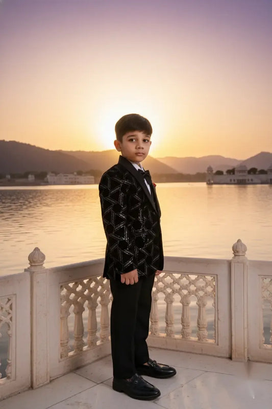 Luxe Black Velvet Embroidered Tuxedo Suit for Boys