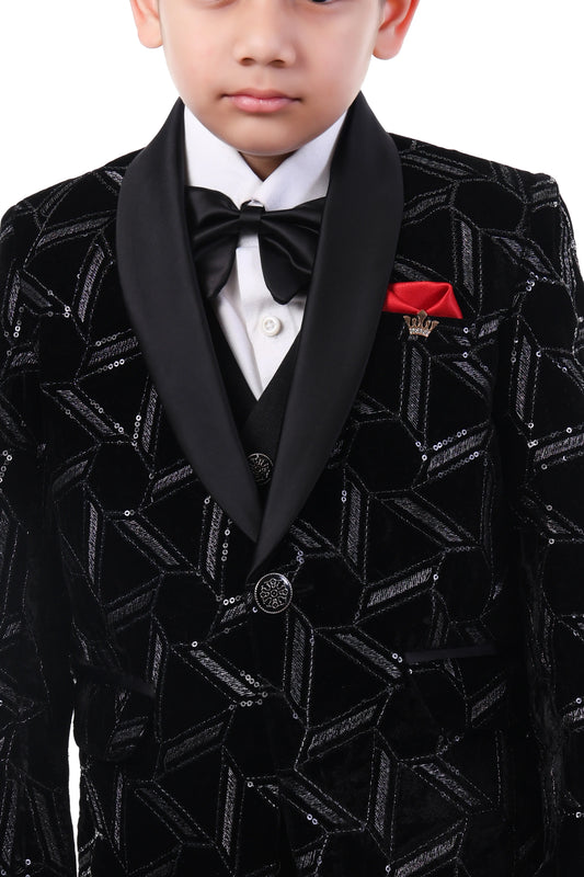 Luxe Black Velvet Embroidered Tuxedo Suit for Boys