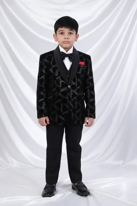 Luxe Black Velvet Embroidered Tuxedo Suit for Boys