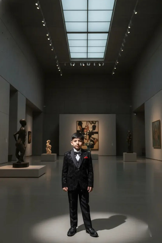 Luxe Black Velvet Embroidered Tuxedo Suit for Boys
