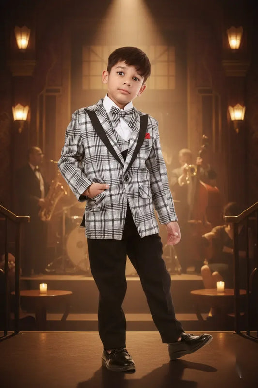 White Check Pattern Premium Tuxedo Suit for Boys