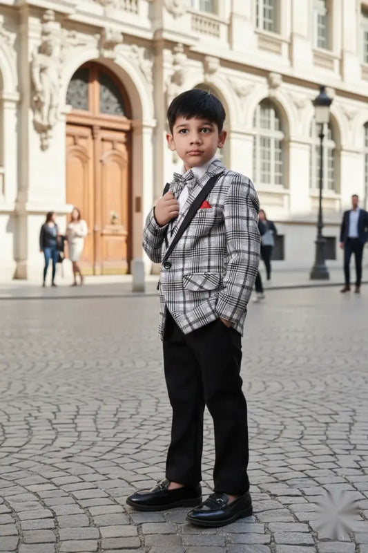 White Check Pattern Premium Tuxedo Suit for Boys