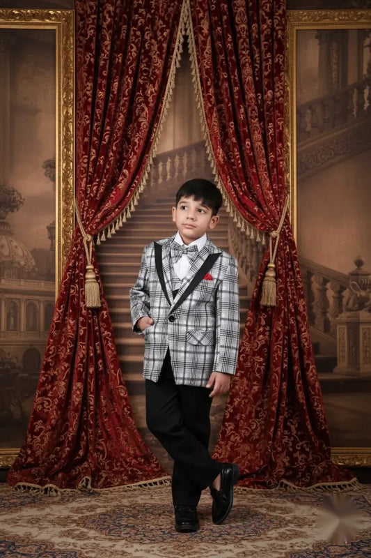 White Check Pattern Premium Tuxedo Suit for Boys