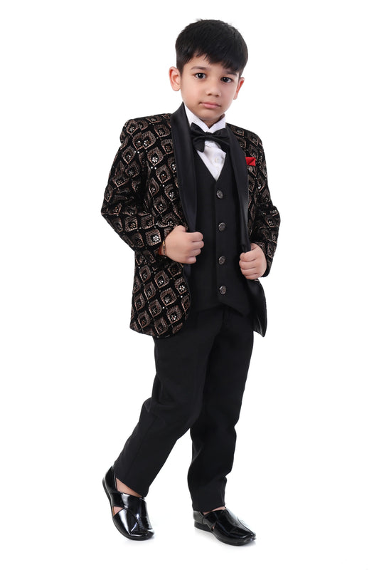 Royal Black & Gold Embroidered Tuxedo Suit for Boys