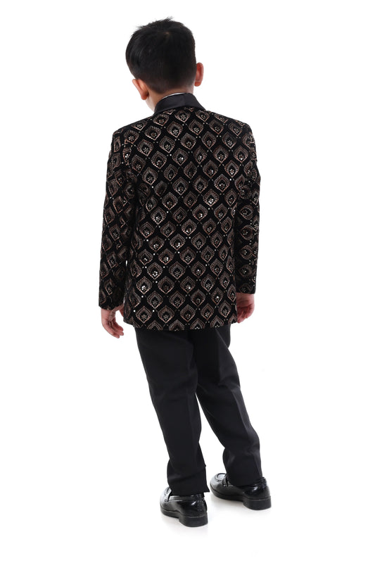 Royal Black & Gold Embroidered Tuxedo Suit for Boys