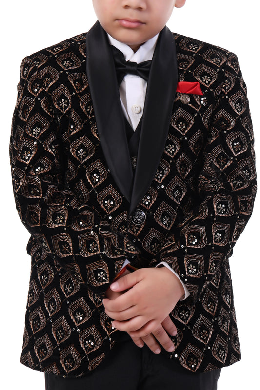 Royal Black & Gold Embroidered Tuxedo Suit for Boys