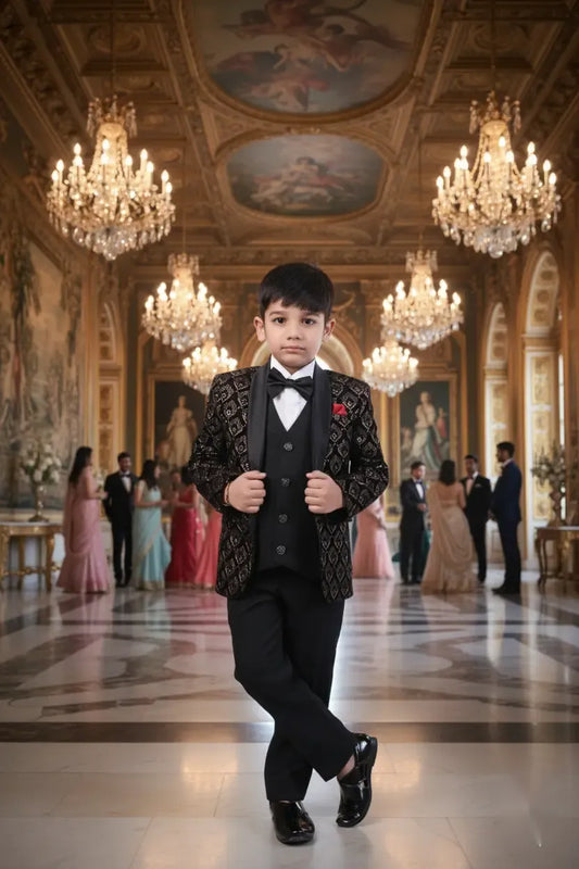 Royal Black & Gold Embroidered Tuxedo Suit for Boys