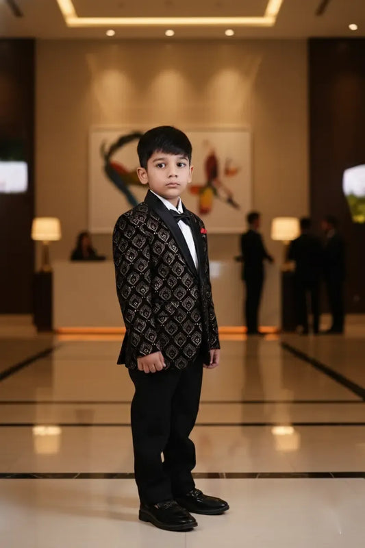 Royal Black & Gold Embroidered Tuxedo Suit for Boys