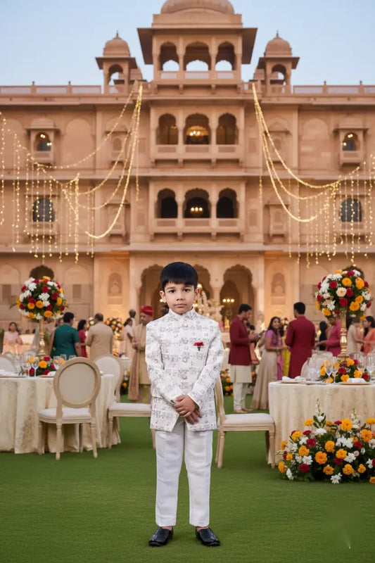 White Blossom Embroidered Jodhpuri Suit for Boys