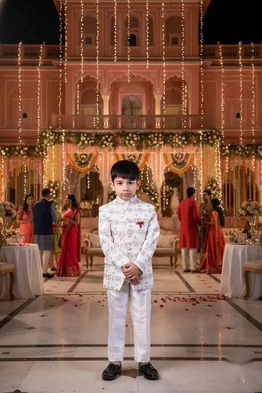 White Blossom Embroidered Jodhpuri Suit for Boys