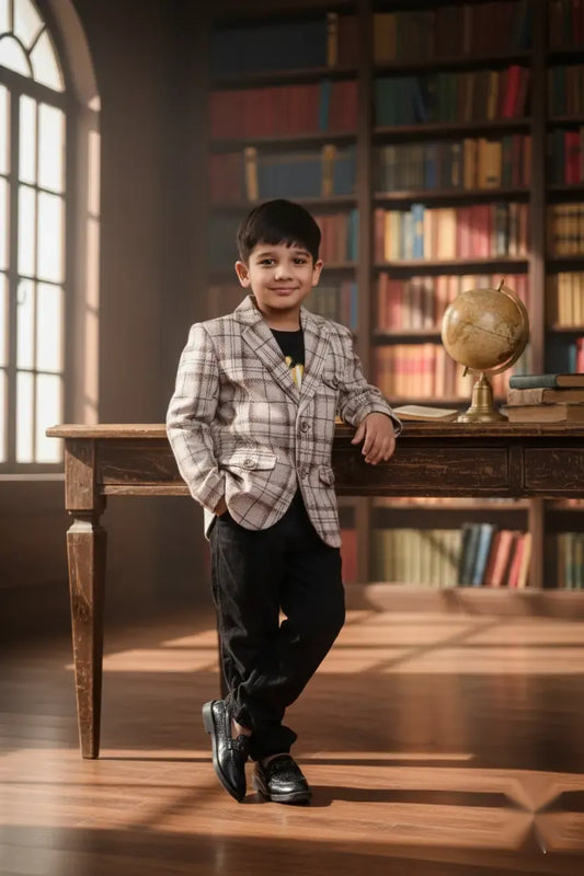 Brown Check Pattern Premium Party Blazer for Boys