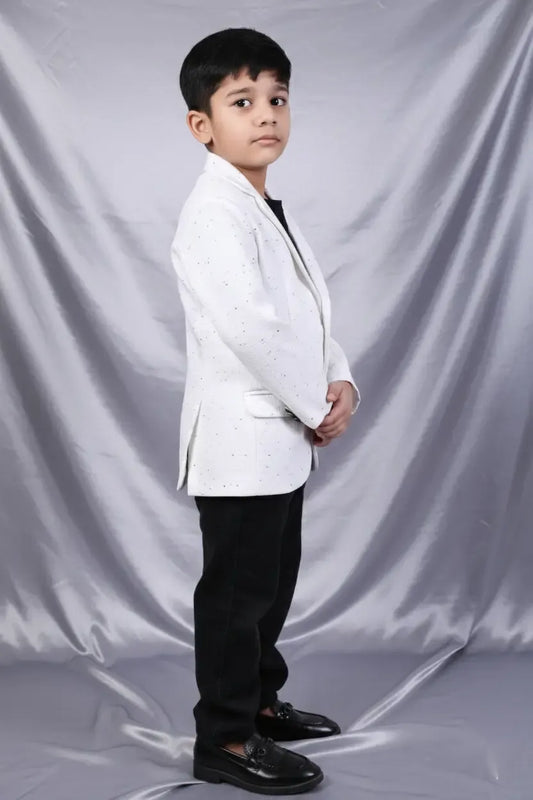 White Speckled Embroidered Party Blazer for Boys