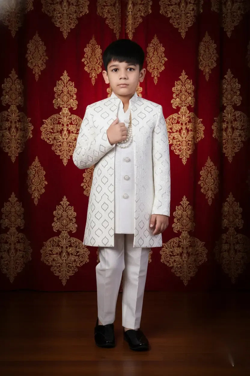 Ivory Luxe Embroidered Indo-Western Sherwani for Boys