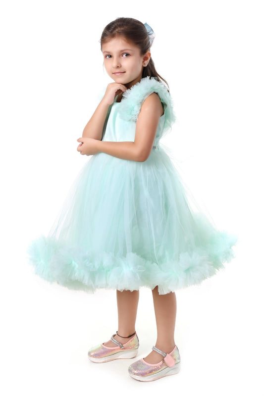 Mint Whirl Net Party Frock with Golden Belt for Girls