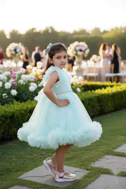 Mint Whirl Net Party Frock with Golden Belt for Girls