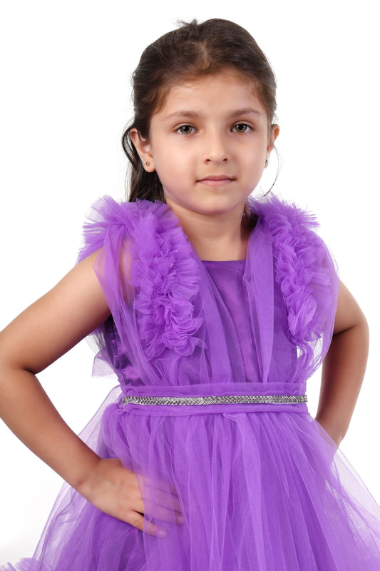 Plum Twirl Purple Girls Party Net Frock with Belt