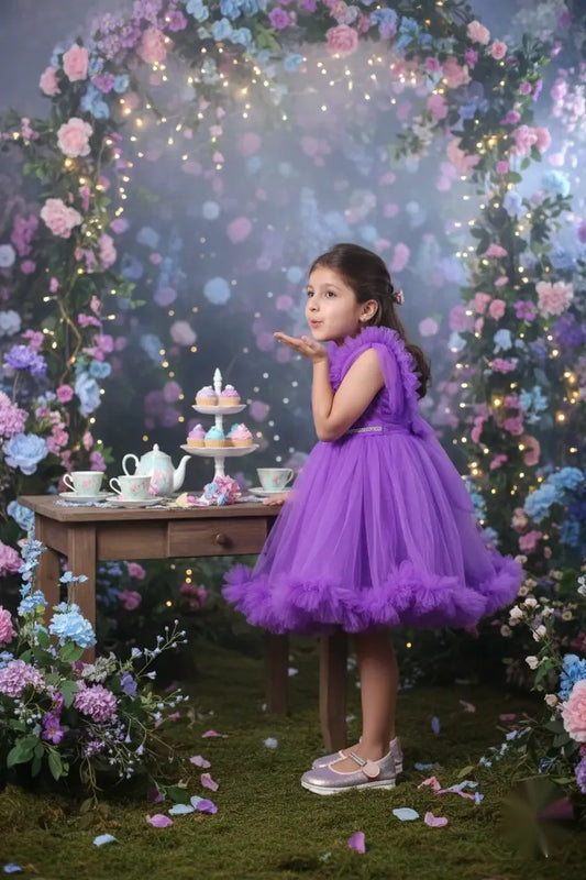Plum Twirl Purple Girls Party Net Frock with Belt