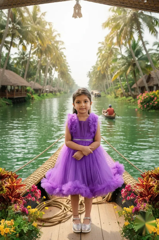 Plum Twirl Purple Girls Party Net Frock with Belt