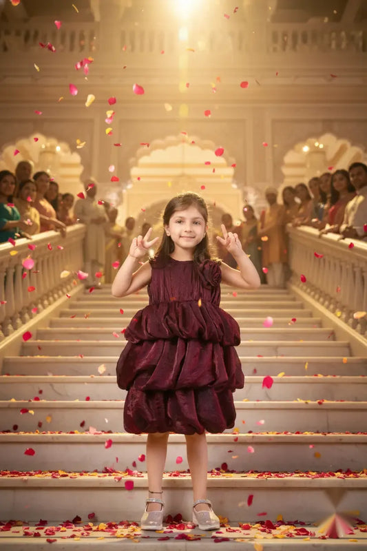 Velvet Berry Wine Balloon Party Dress for Girls