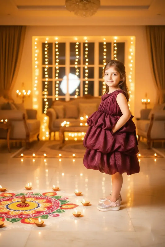 Velvet Berry Wine Balloon Party Dress for Girls