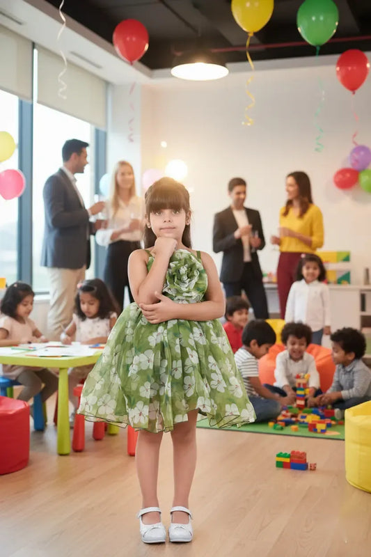 Emerald Blossom Green Tulle Party Dress for Girls