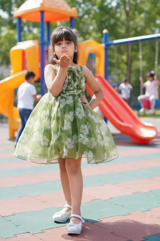 Emerald Blossom Green Tulle Party Dress for Girls