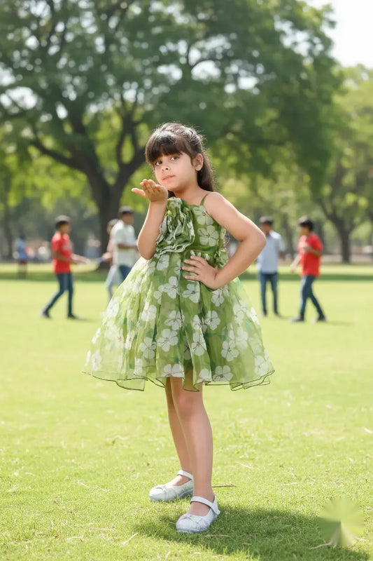 Emerald Blossom Green Tulle Party Dress for Girls