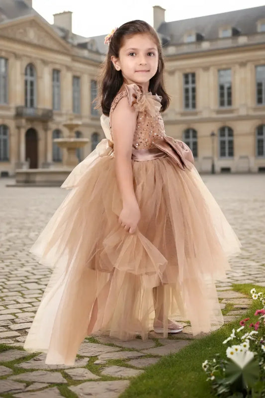 Rose Gold Radiance High-Low Gown for Girls Party Wear