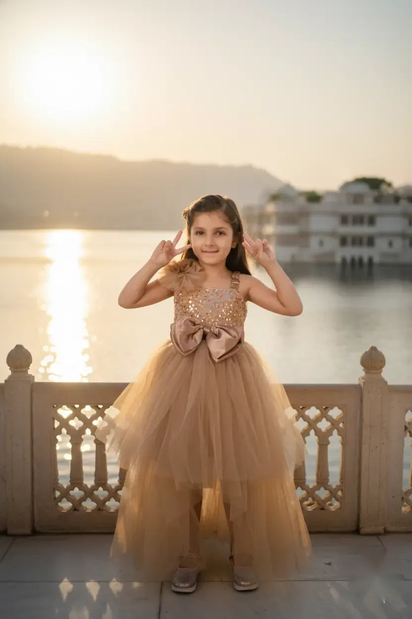 Rose Gold Radiance High-Low Gown for Girls Party Wear