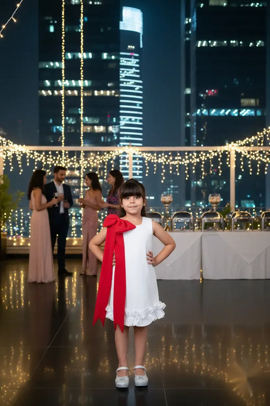 Snowberry Pop White & Red Bow Party Dress for Girls