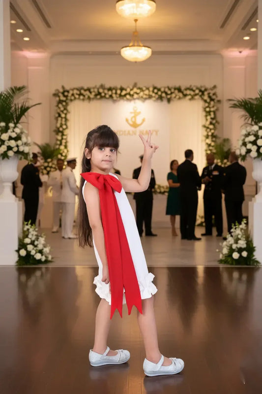 Snowberry Pop White & Red Bow Party Dress for Girls