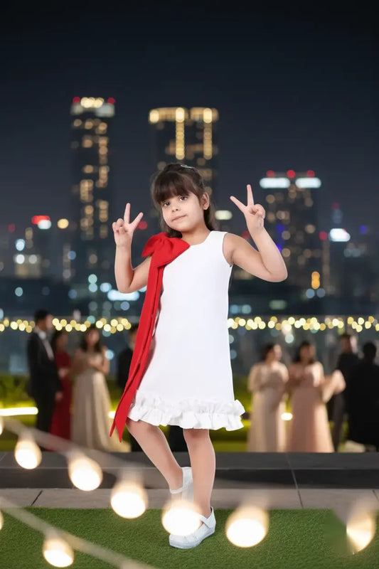 Snowberry Pop White & Red Bow Party Dress for Girls