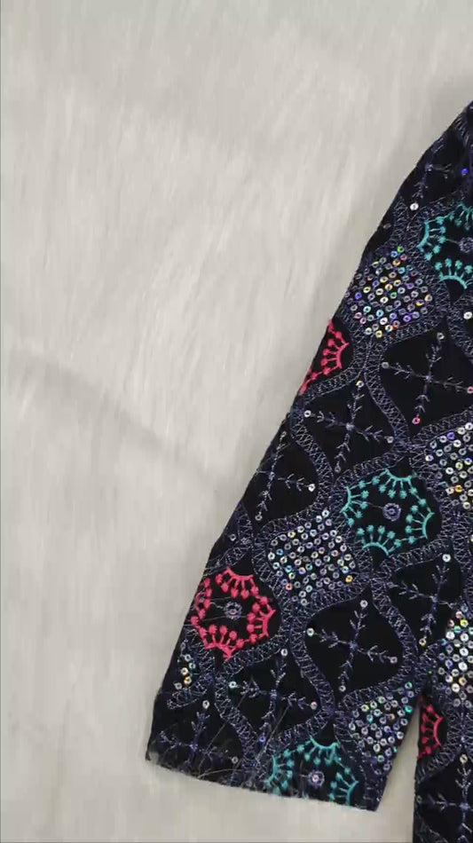 Navy blue velvet Indo-Western outfit for boys from HuggleBoo — premium handcrafted kidswear featuring rich fabric, intricate woven detailing, and royal statement buttons. Perfect for weddings, sangeet, and festive occasions, combining comfort with regal charm.