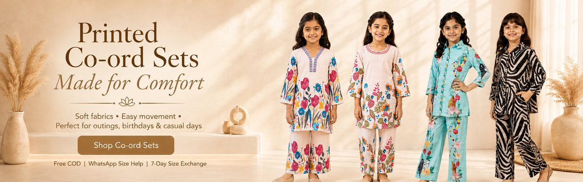 A promotional banner for printed co-ord sets showing four young girls modeling matching pajama sets in different color and pattern combinations. The left side features text reading 'Printed Co-ord Sets Made for Comfort' with a 'Shop Co-ord Sets' button.