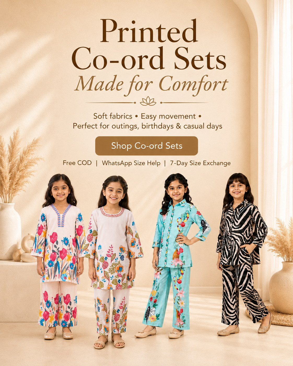 Four young girls modeling printed co-ord sets in a warm, beige-toned indoor setting. The outfits feature colorful floral prints and a black-and-white zebra pattern.