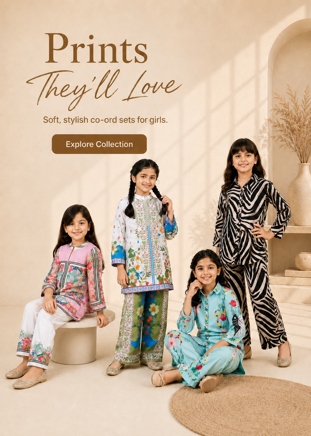 Four girls in coordinated outfits with text promoting soft, stylish co-ord sets for girls.