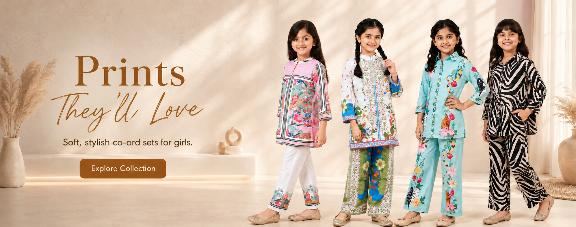 Four girls wearing colorful co-ord sets with text 'Prints They'll Love' on a beige background.
