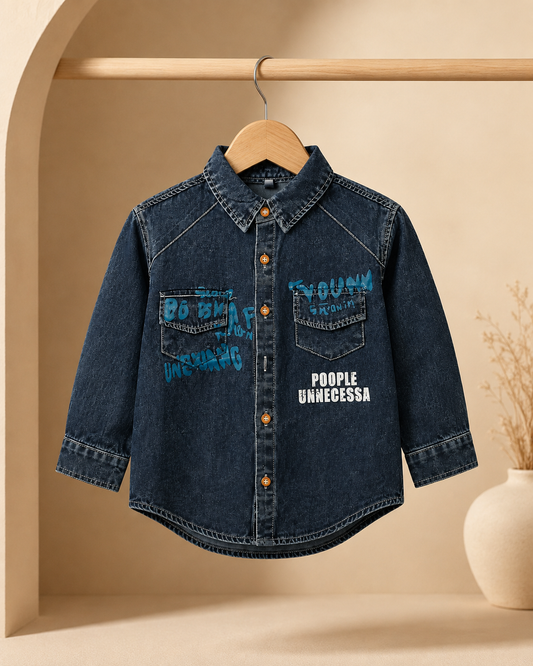 Blue Washed Denim Printed Shirt